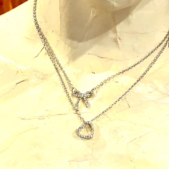 3/$32  Silver Tone Double Layered Rhinestone Heart & Bow Tie Dainty Necklace - Picture 5 of 8